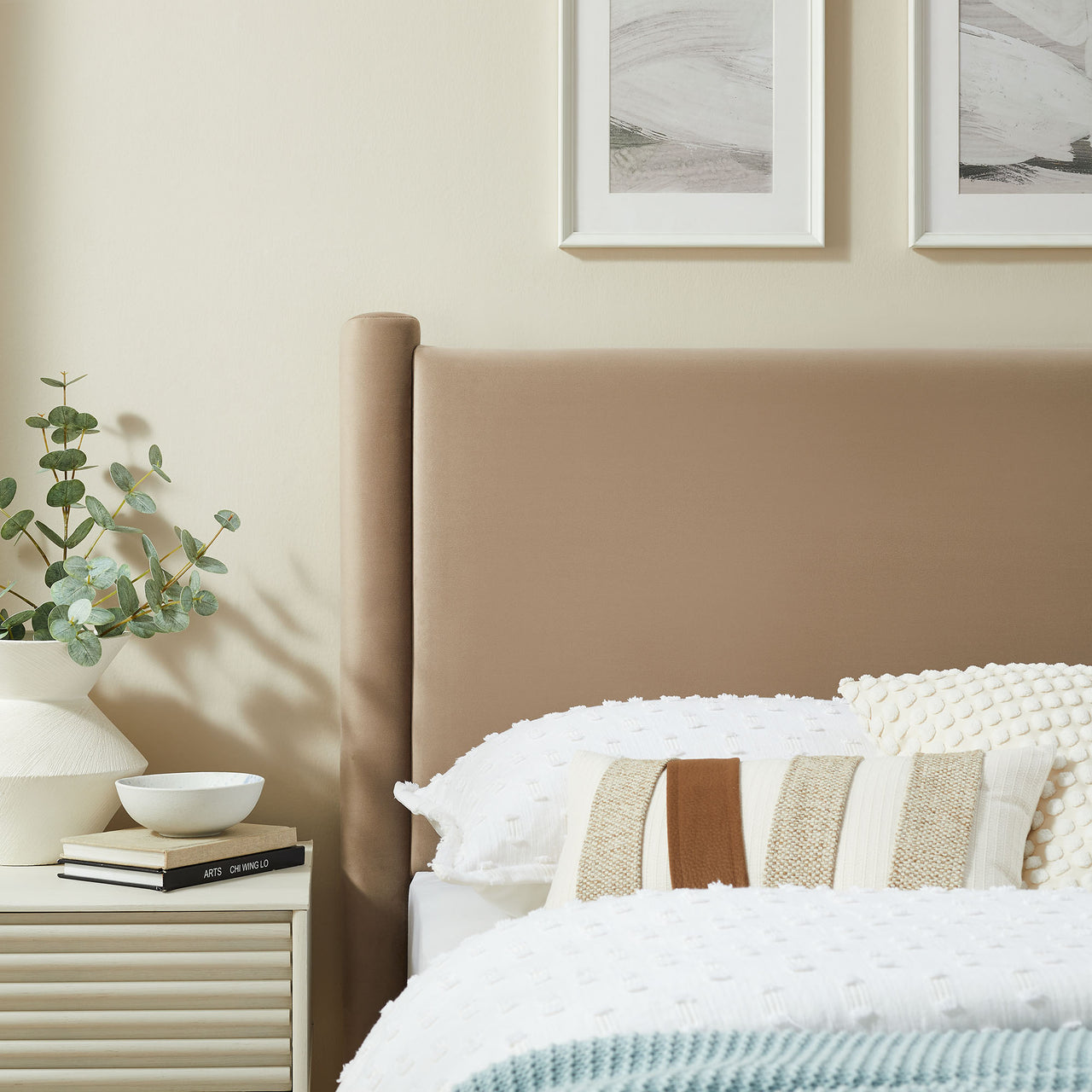 Rafael Upholstered Velvet Twin Headboard, Taupe