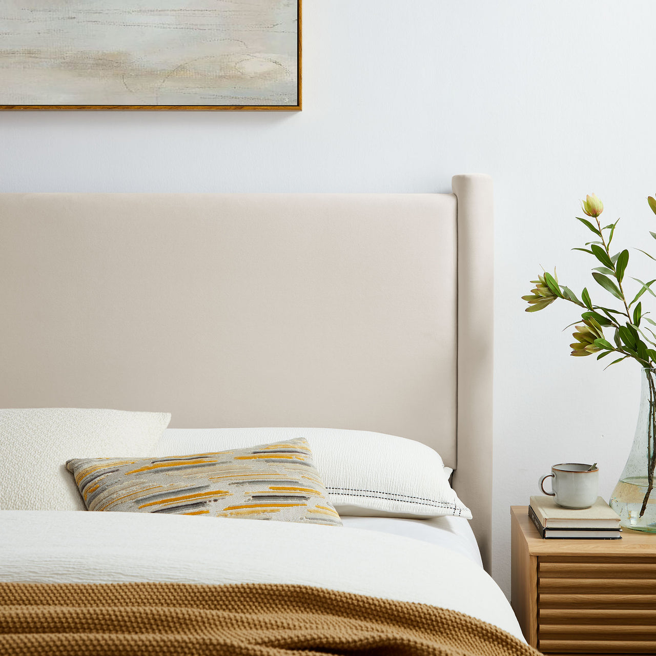 Rafael Upholstered Velvet Queen Headboard, Chalk