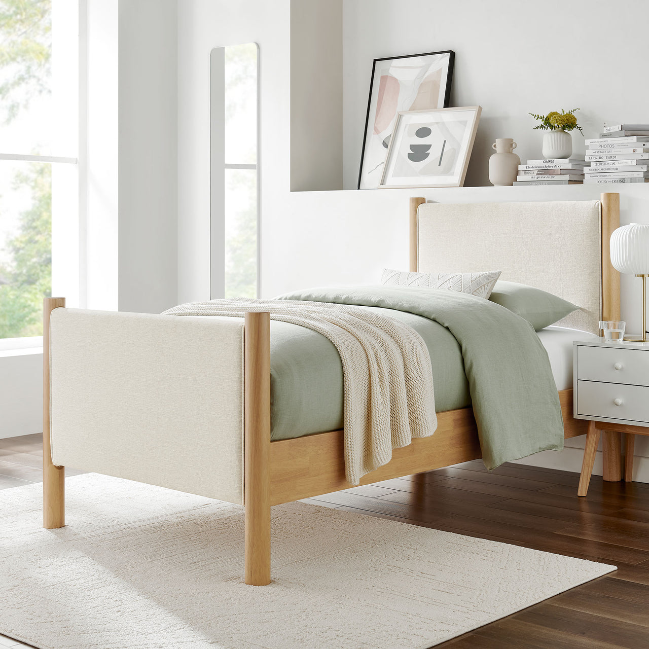 Maple Twin Upholstered Fabric Platform Bed, Ivory & Oak
