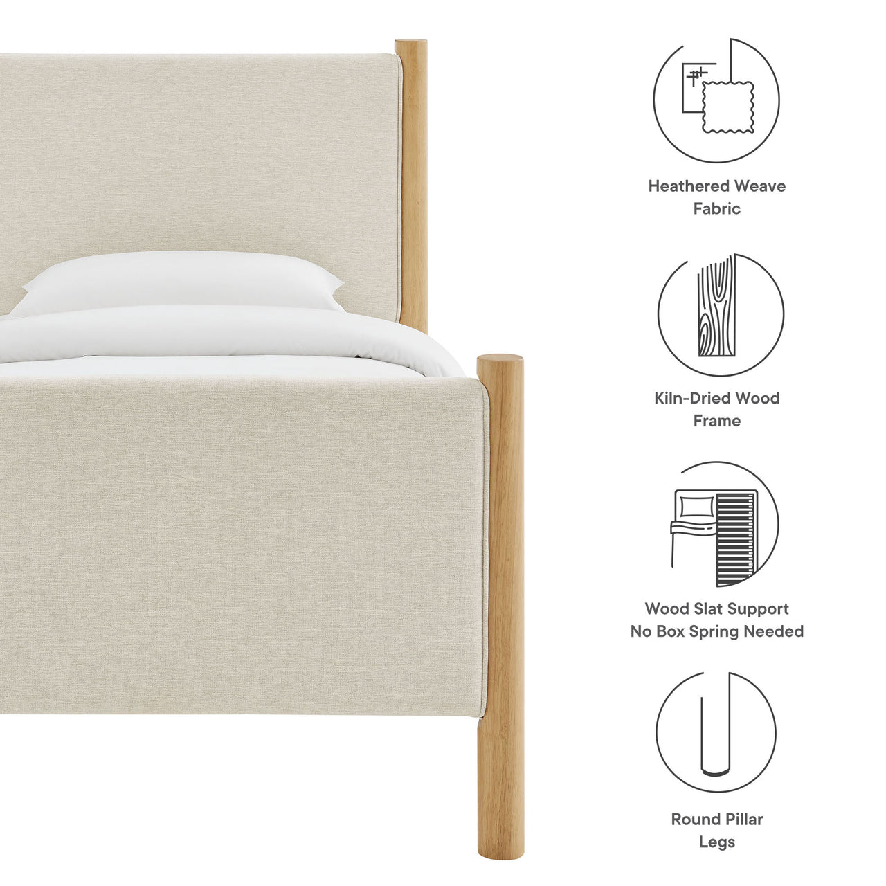 Maple Twin Upholstered Fabric Platform Bed, Ivory & Oak