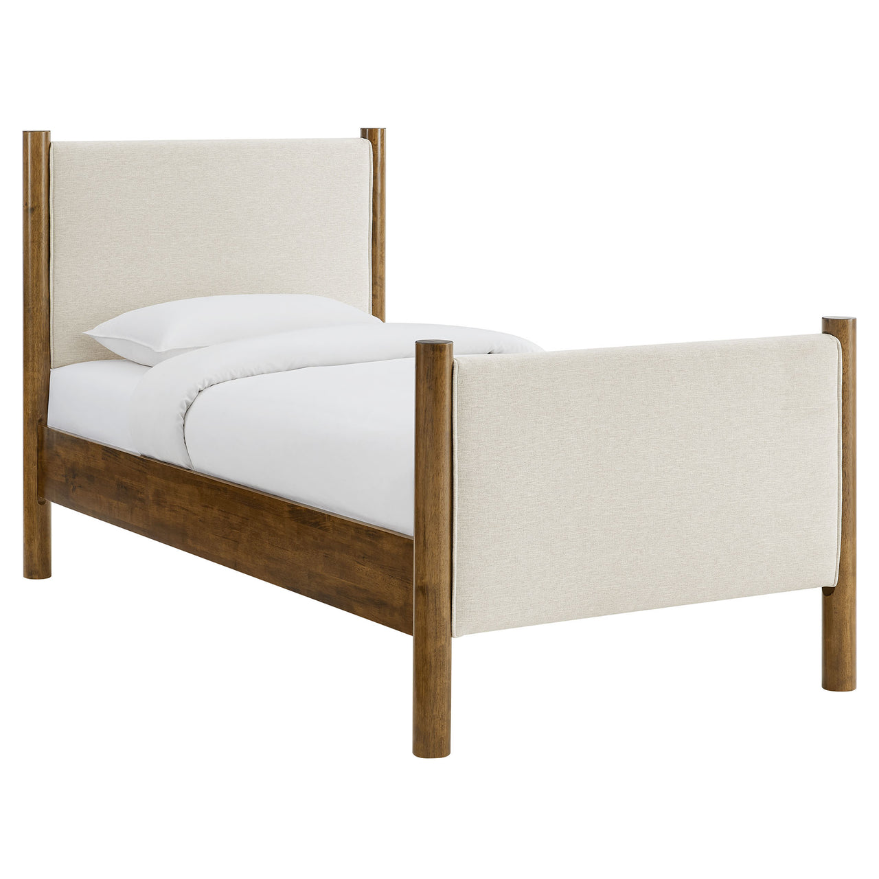 Maple Twin Upholstered Fabric Platform Bed, Ivory & Walnut