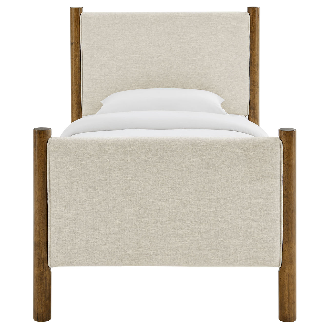 Maple Twin Upholstered Fabric Platform Bed, Ivory & Walnut