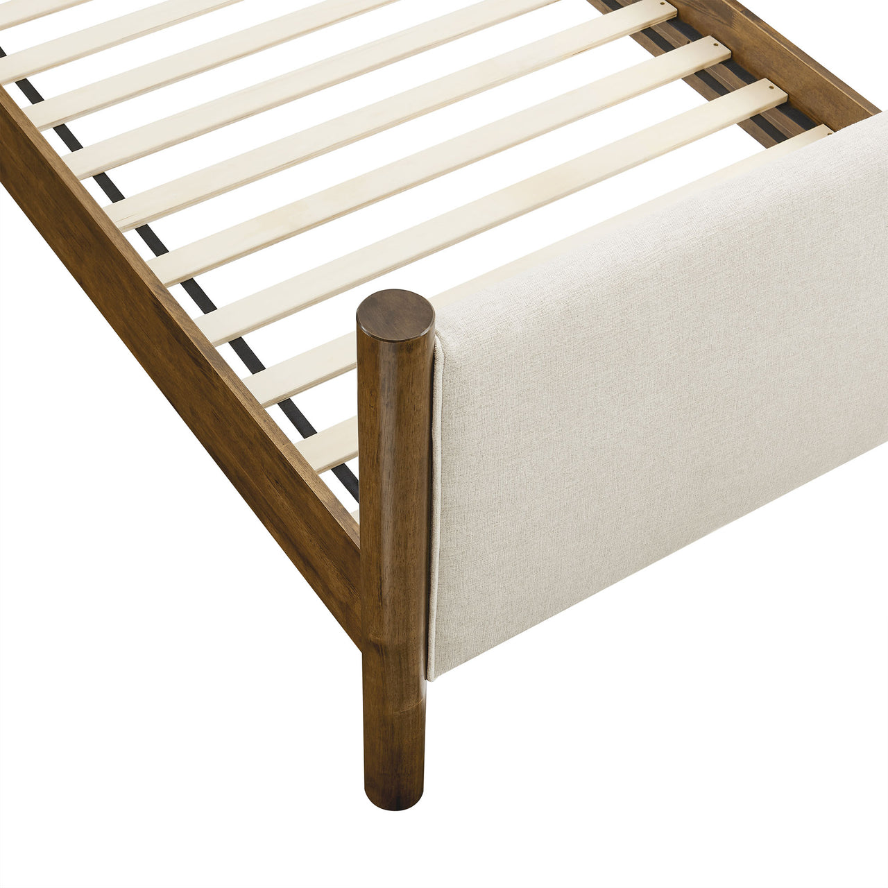 Maple Twin Upholstered Fabric Platform Bed, Ivory & Walnut