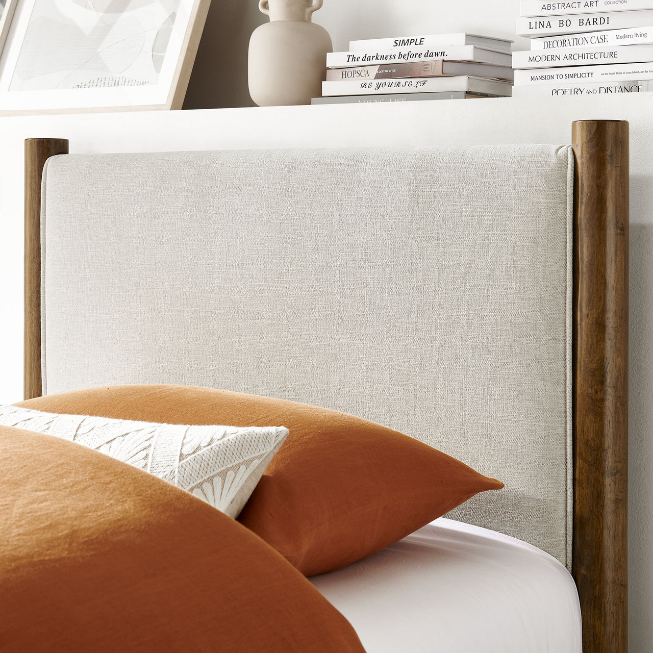 Maple Twin Upholstered Fabric Platform Bed, Ivory & Walnut