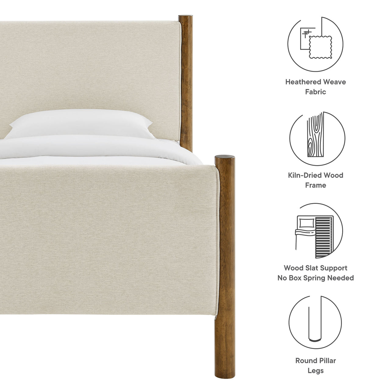 Maple Twin Upholstered Fabric Platform Bed, Ivory & Walnut