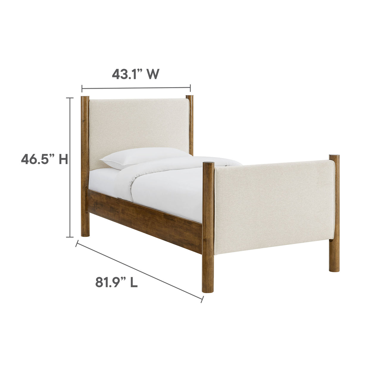 Maple Twin Upholstered Fabric Platform Bed, Ivory & Walnut