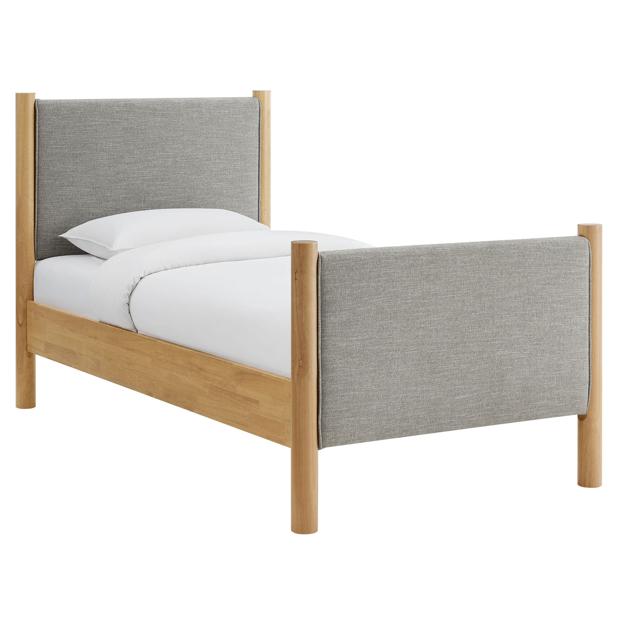 Maple Twin Upholstered Fabric Platform Bed, Light Gray & Oak