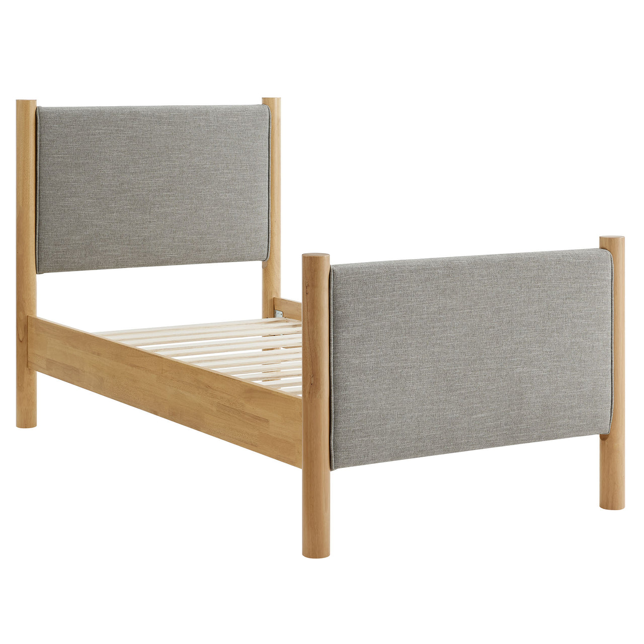 Maple Twin Upholstered Fabric Platform Bed, Light Gray & Oak