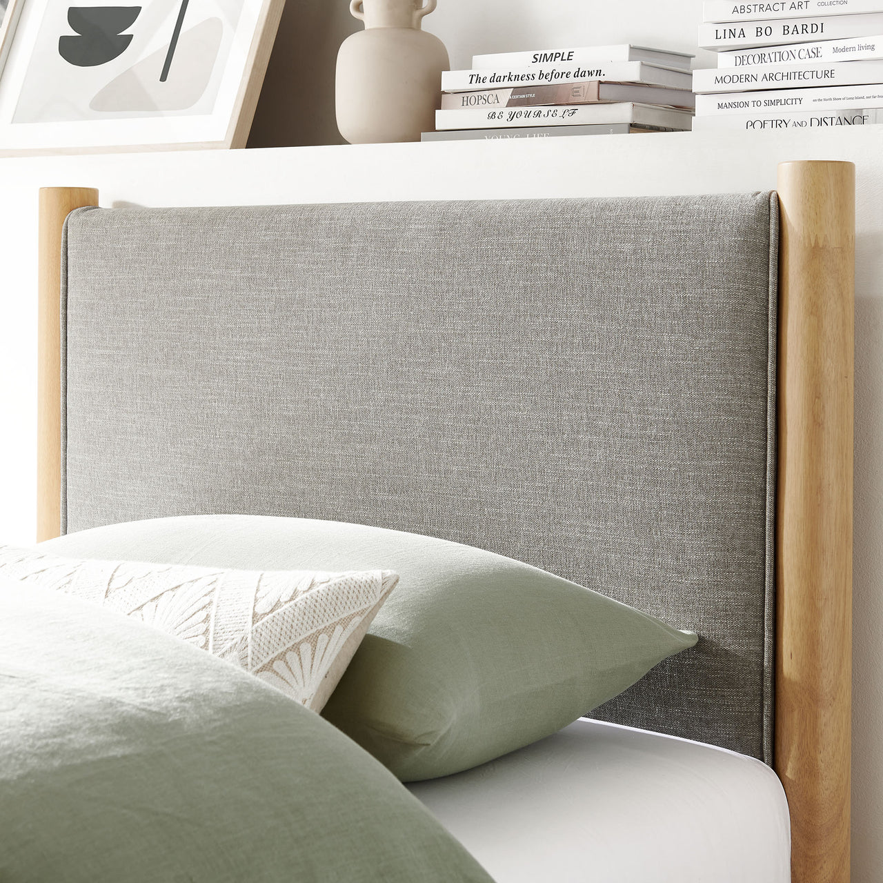 Maple Twin Upholstered Fabric Platform Bed, Light Gray & Oak