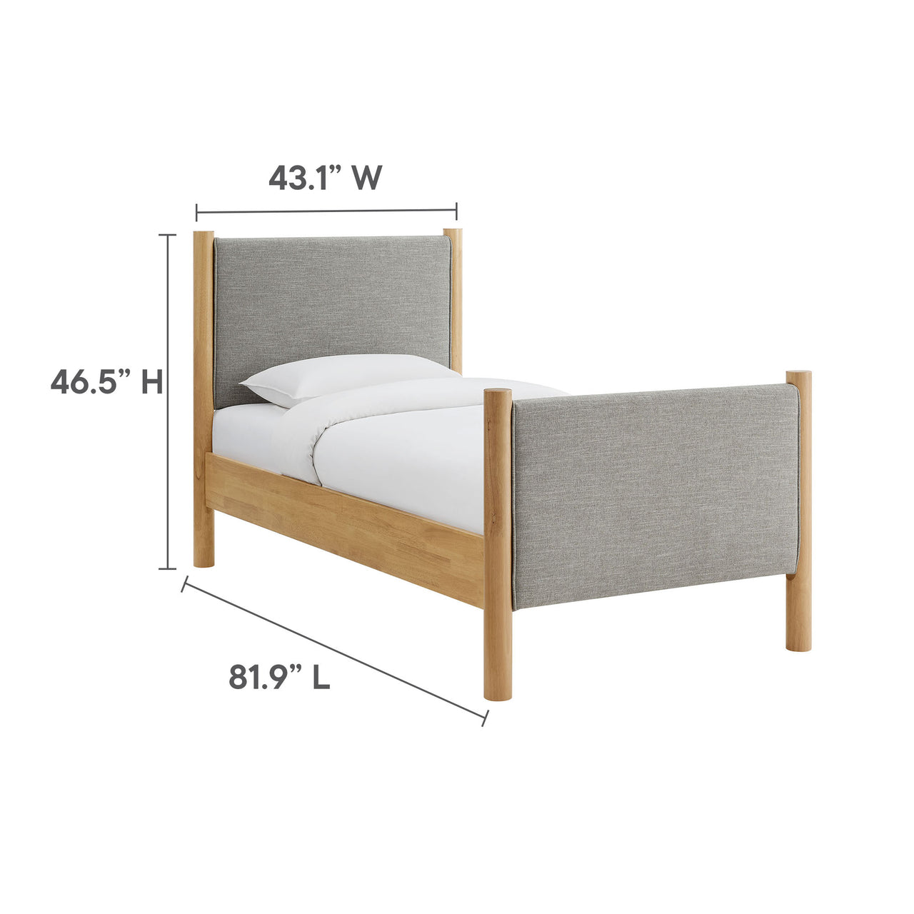 Maple Twin Upholstered Fabric Platform Bed, Light Gray & Oak