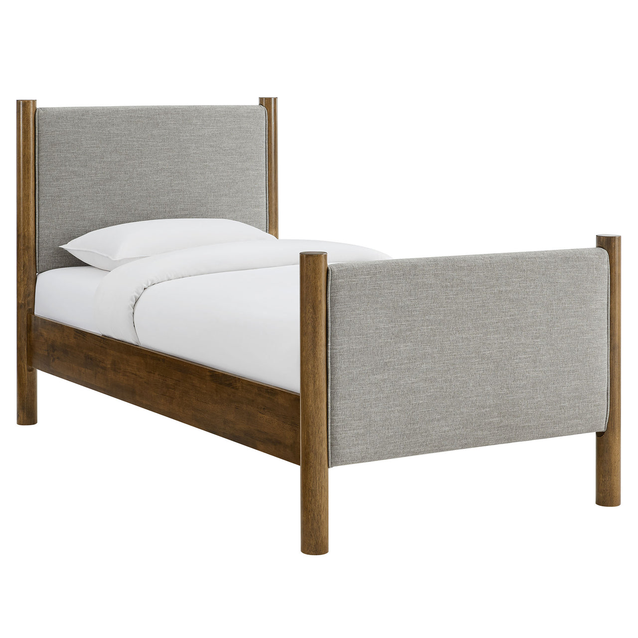 Maple Twin Upholstered Fabric Platform Bed, Light Gray & Walnut