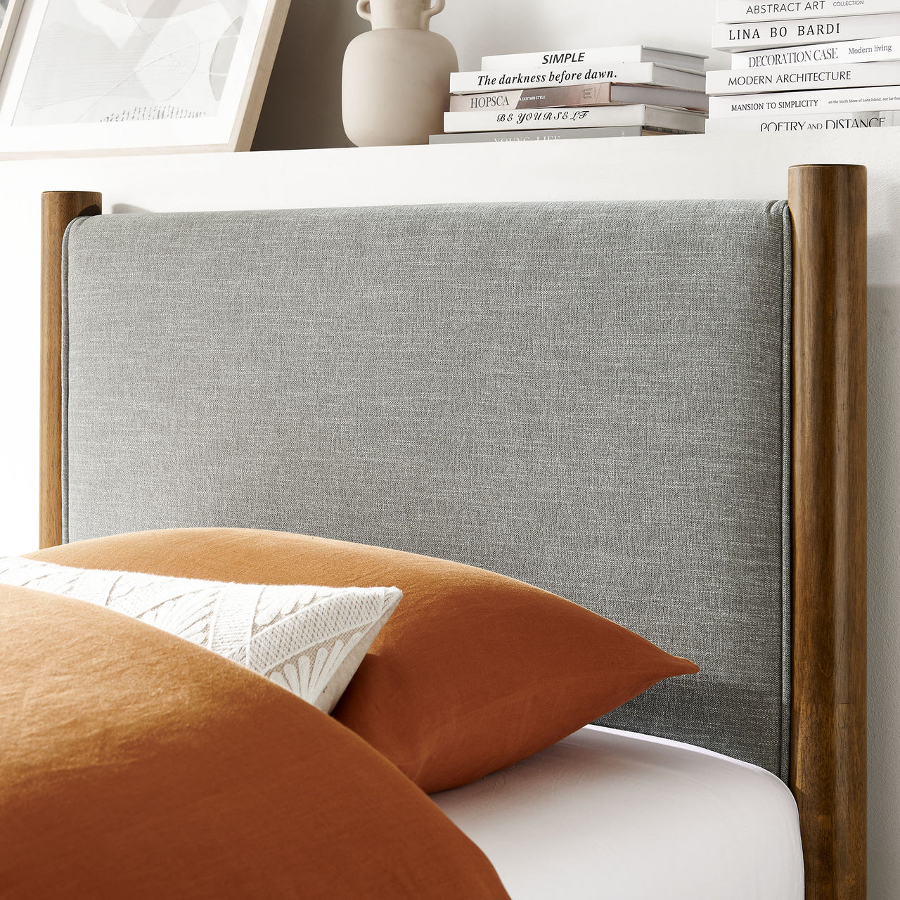 Maple Twin Upholstered Fabric Platform Bed, Light Gray & Walnut