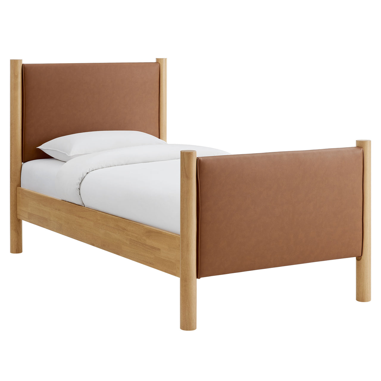 Maple Twin Upholstered Eco-Leather Platform Bed, Tan & Oak