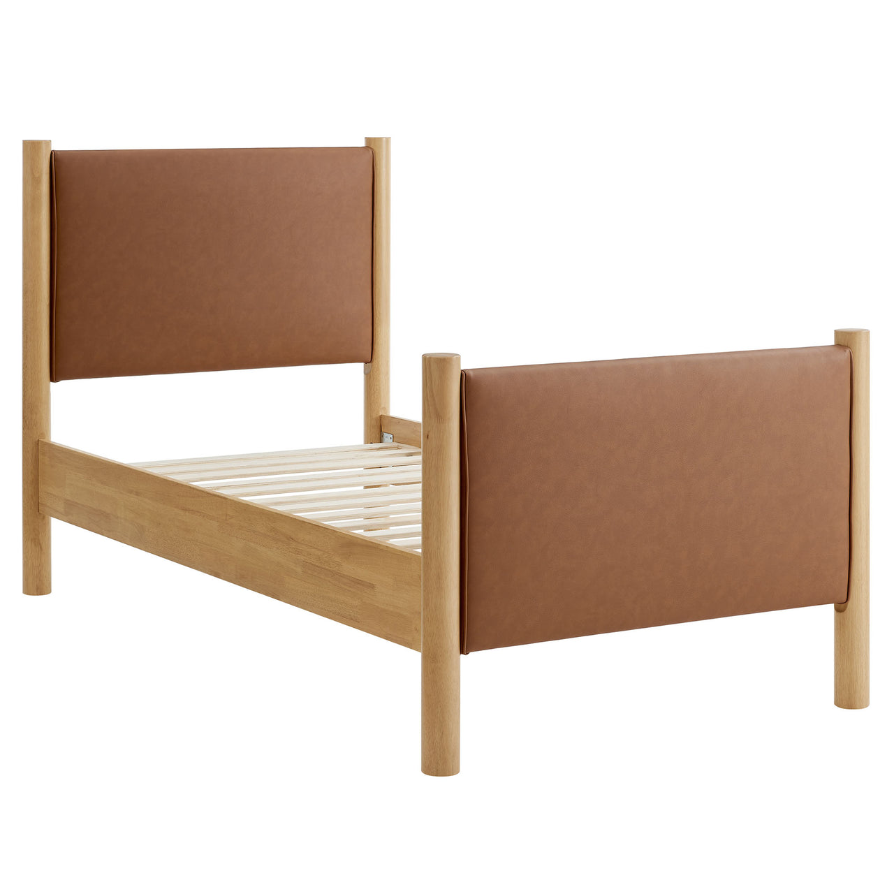Maple Twin Upholstered Eco-Leather Platform Bed, Tan & Oak