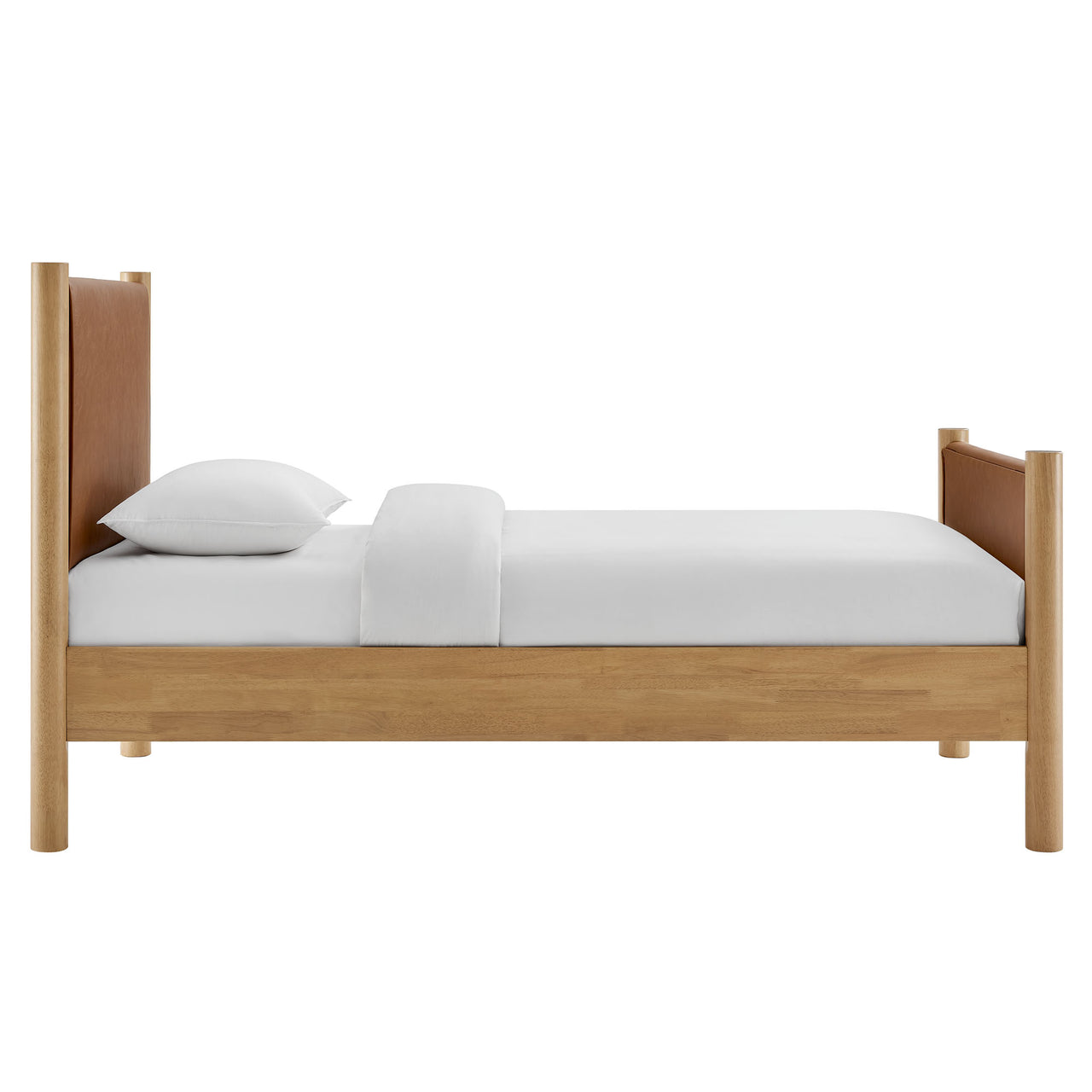 Maple Twin Upholstered Eco-Leather Platform Bed, Tan & Oak