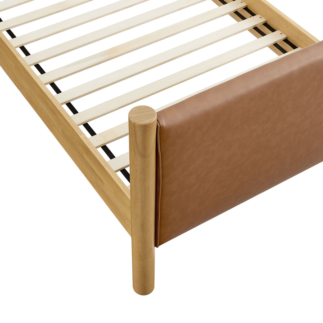 Maple Twin Upholstered Eco-Leather Platform Bed, Tan & Oak