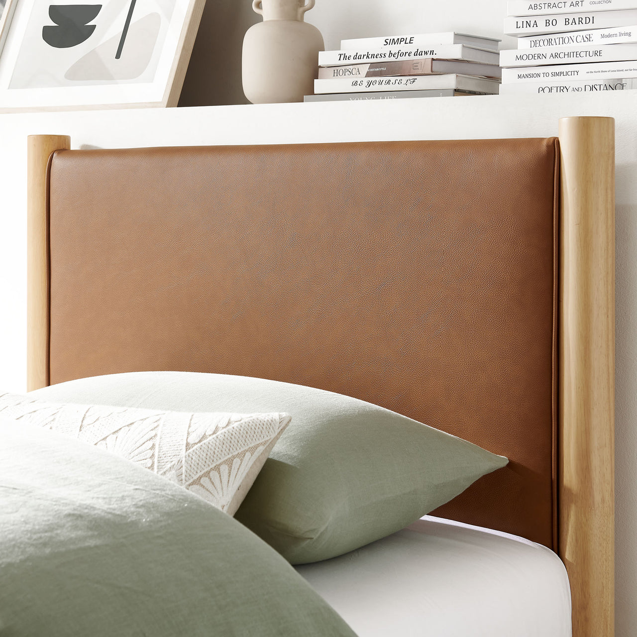 Maple Twin Upholstered Eco-Leather Platform Bed, Tan & Oak