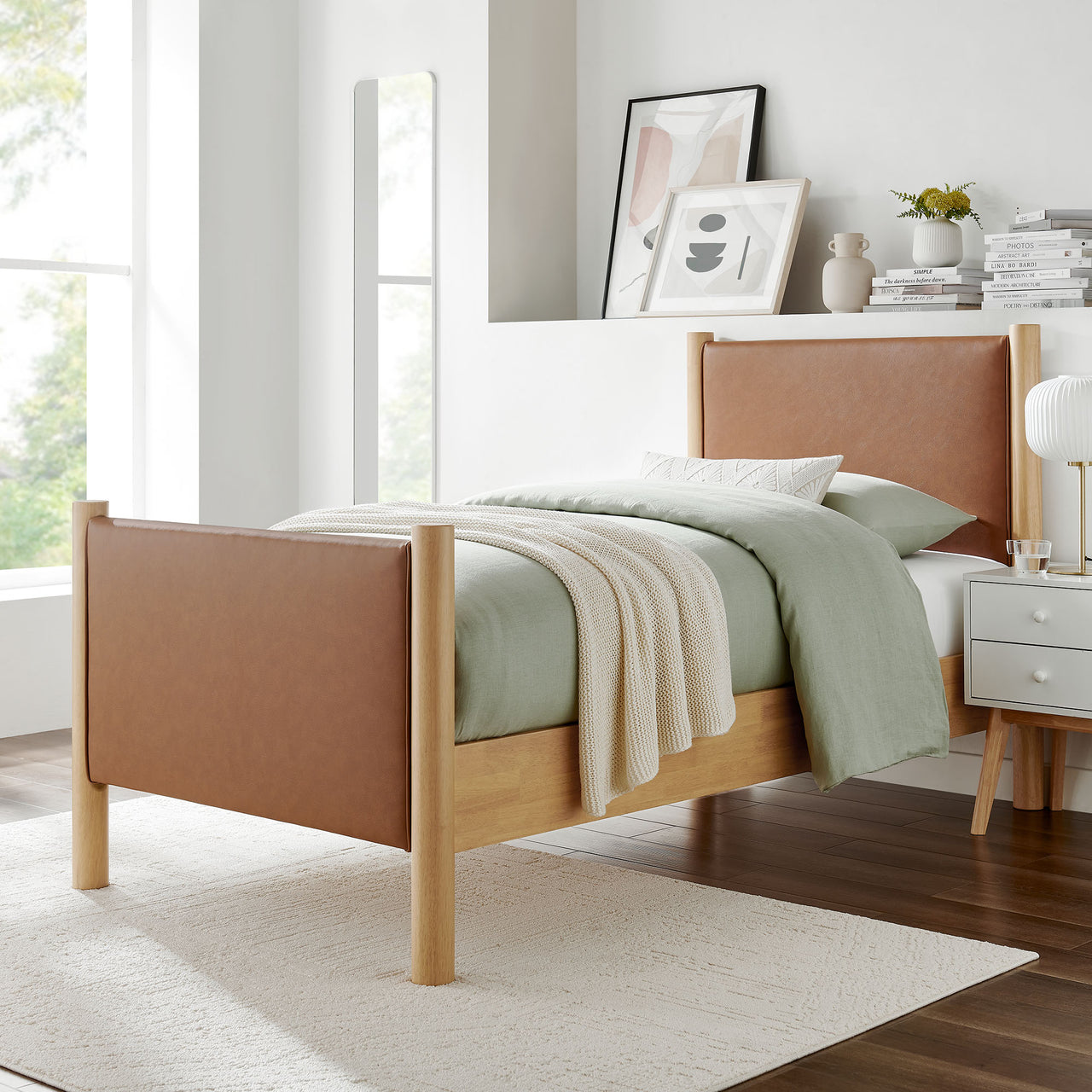 Maple Twin Upholstered Eco-Leather Platform Bed, Tan & Oak