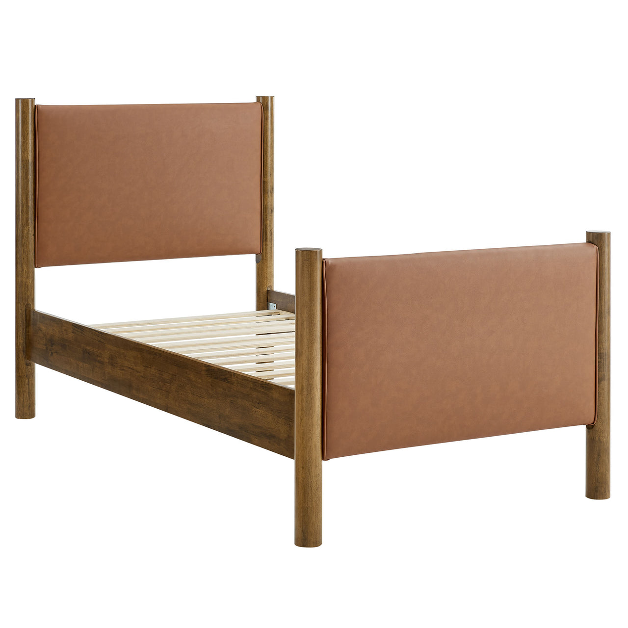 Maple Twin Upholstered Eco-Leather Platform Bed, Tan & Walnut