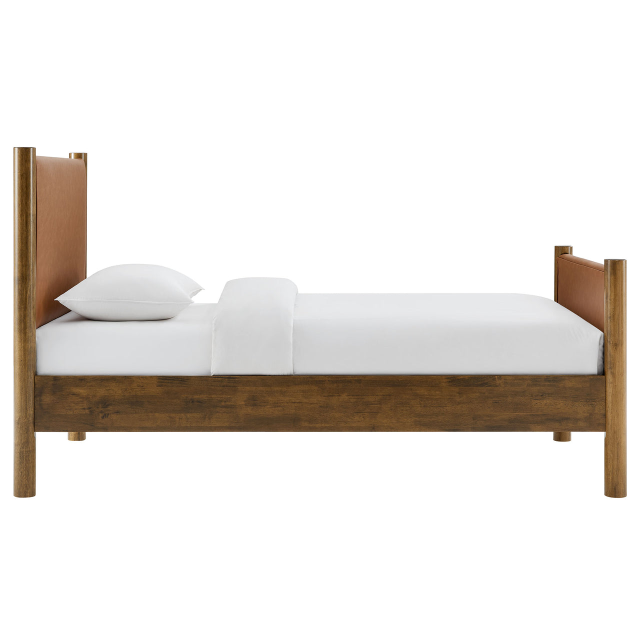 Maple Twin Upholstered Eco-Leather Platform Bed, Tan & Walnut