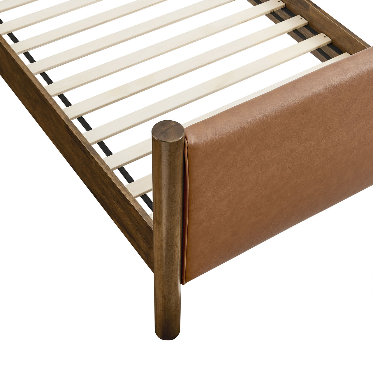 Maple Twin Upholstered Eco-Leather Platform Bed, Tan & Walnut