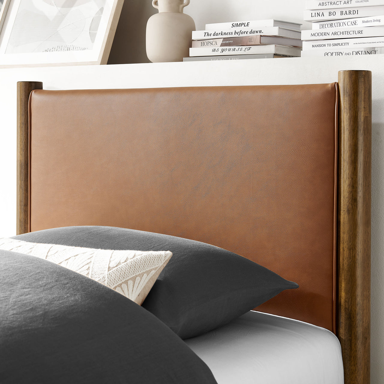 Maple Twin Upholstered Eco-Leather Platform Bed, Tan & Walnut