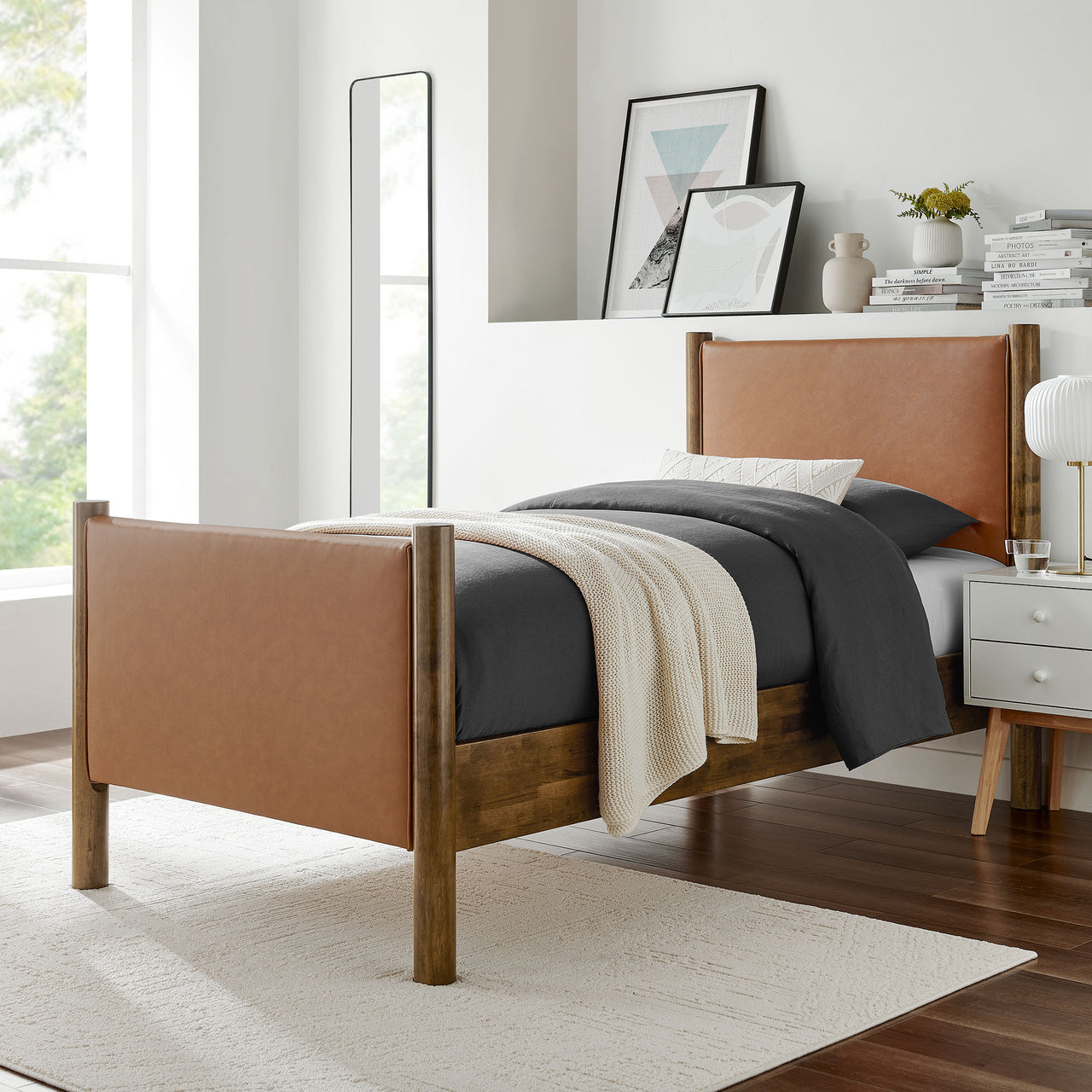 Maple Twin Upholstered Eco-Leather Platform Bed, Tan & Walnut