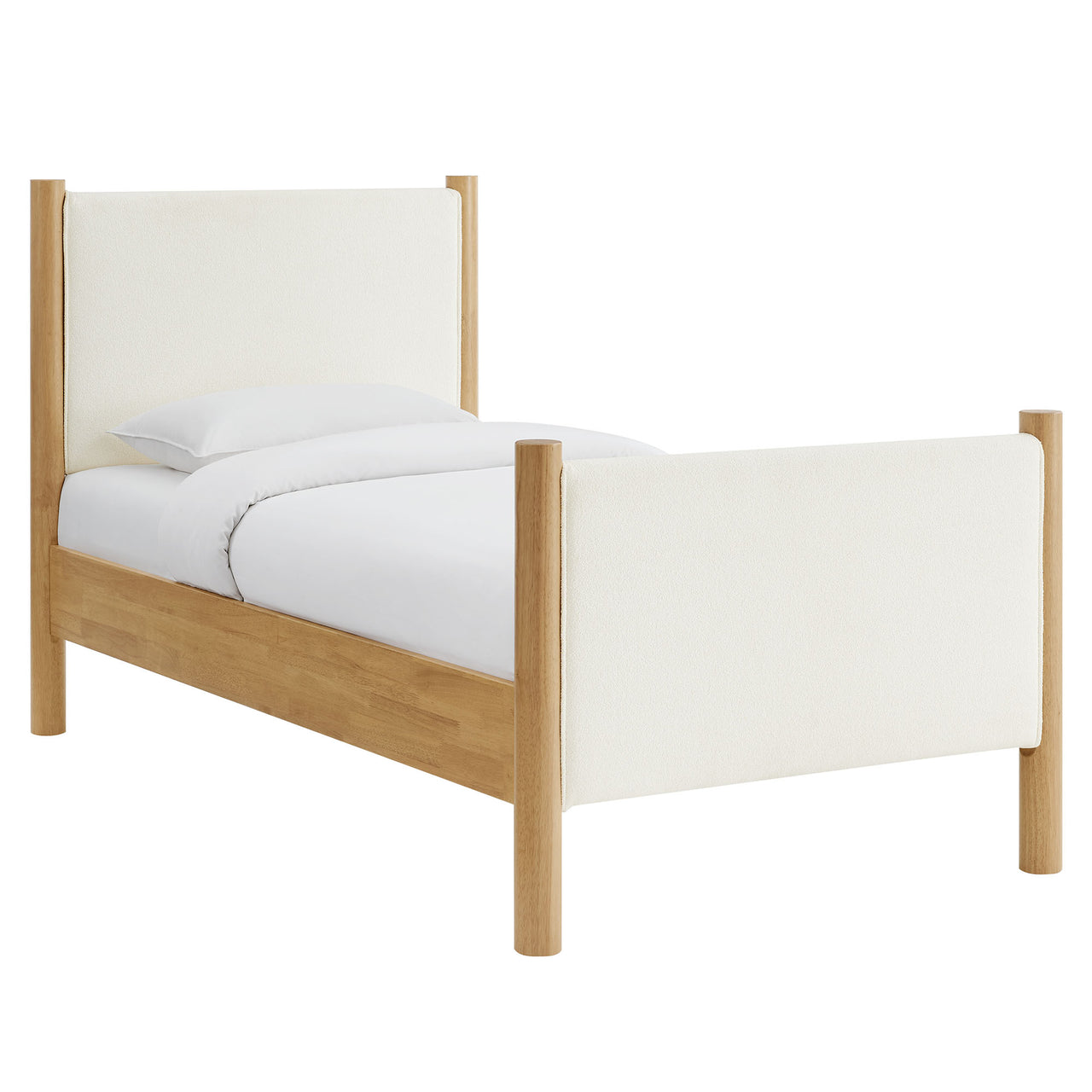 Maple Twin Upholstered Boucle Platform Bed, White & Oak