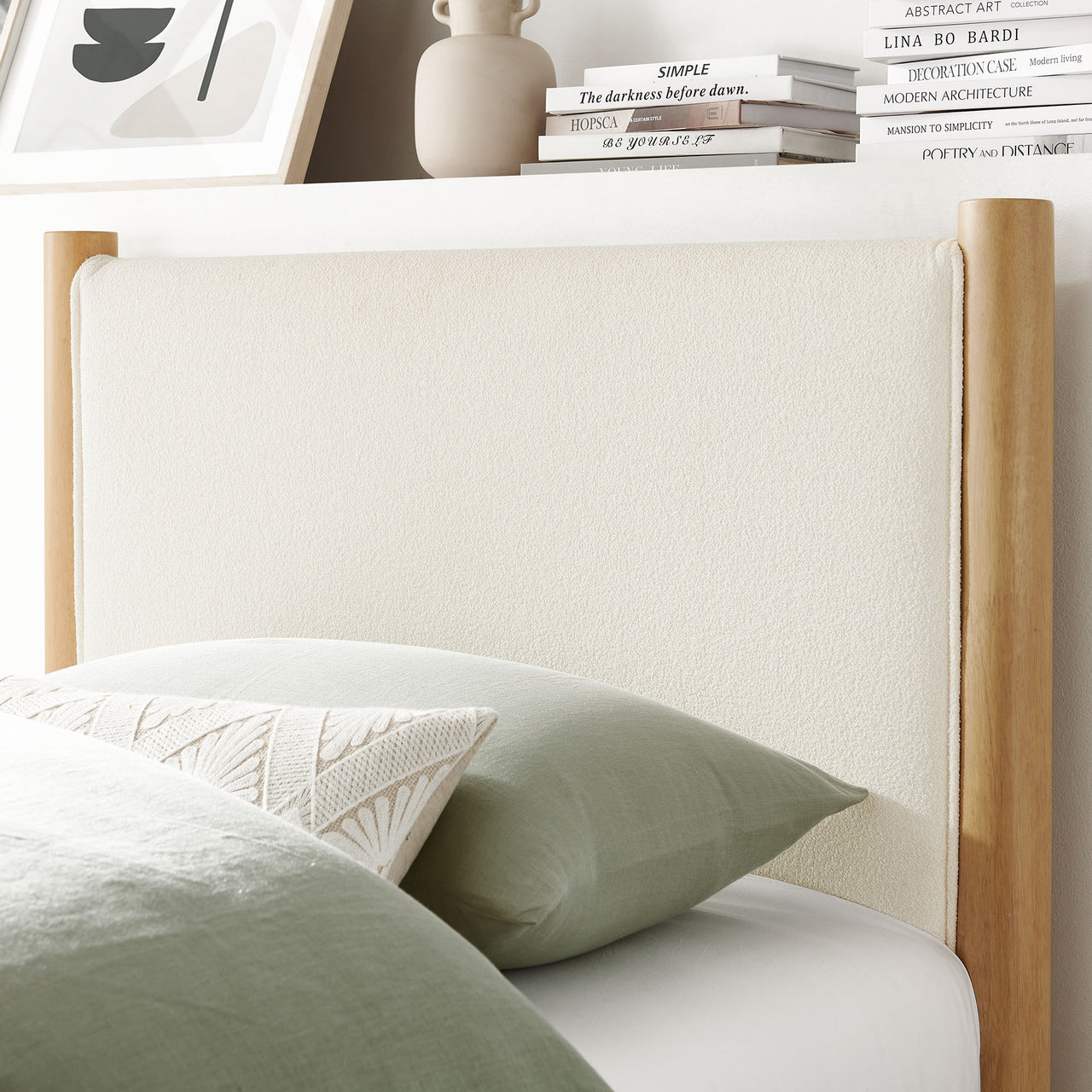 Maple Twin Upholstered Boucle Platform Bed, White & Oak