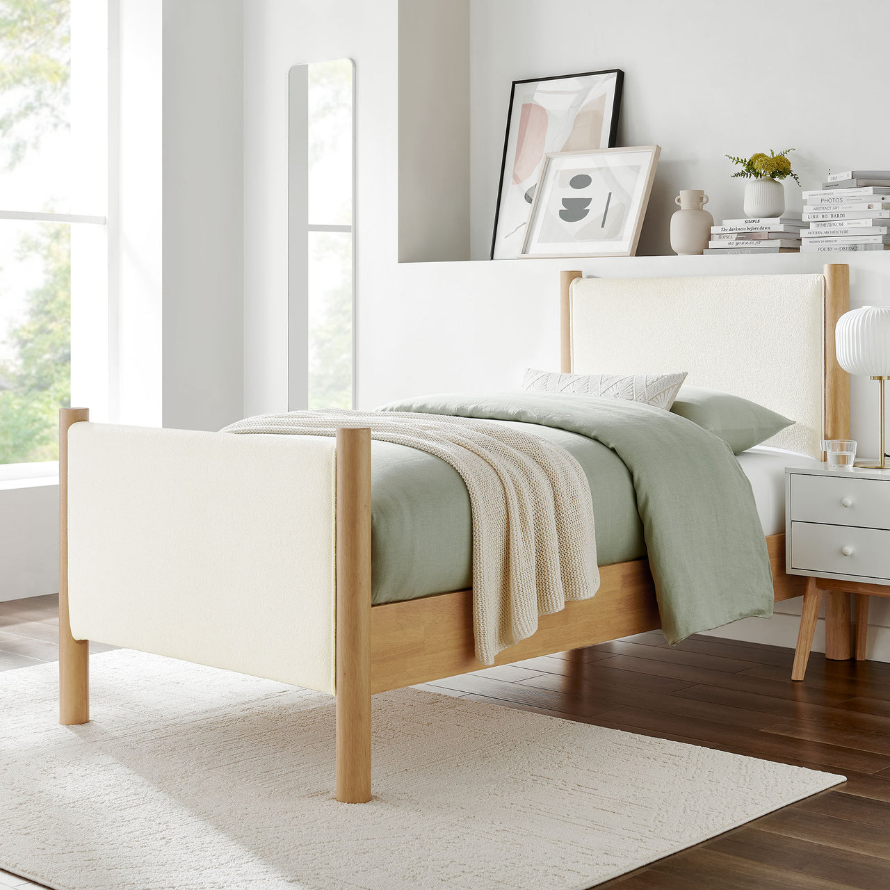 Maple Twin Upholstered Boucle Platform Bed, White & Oak