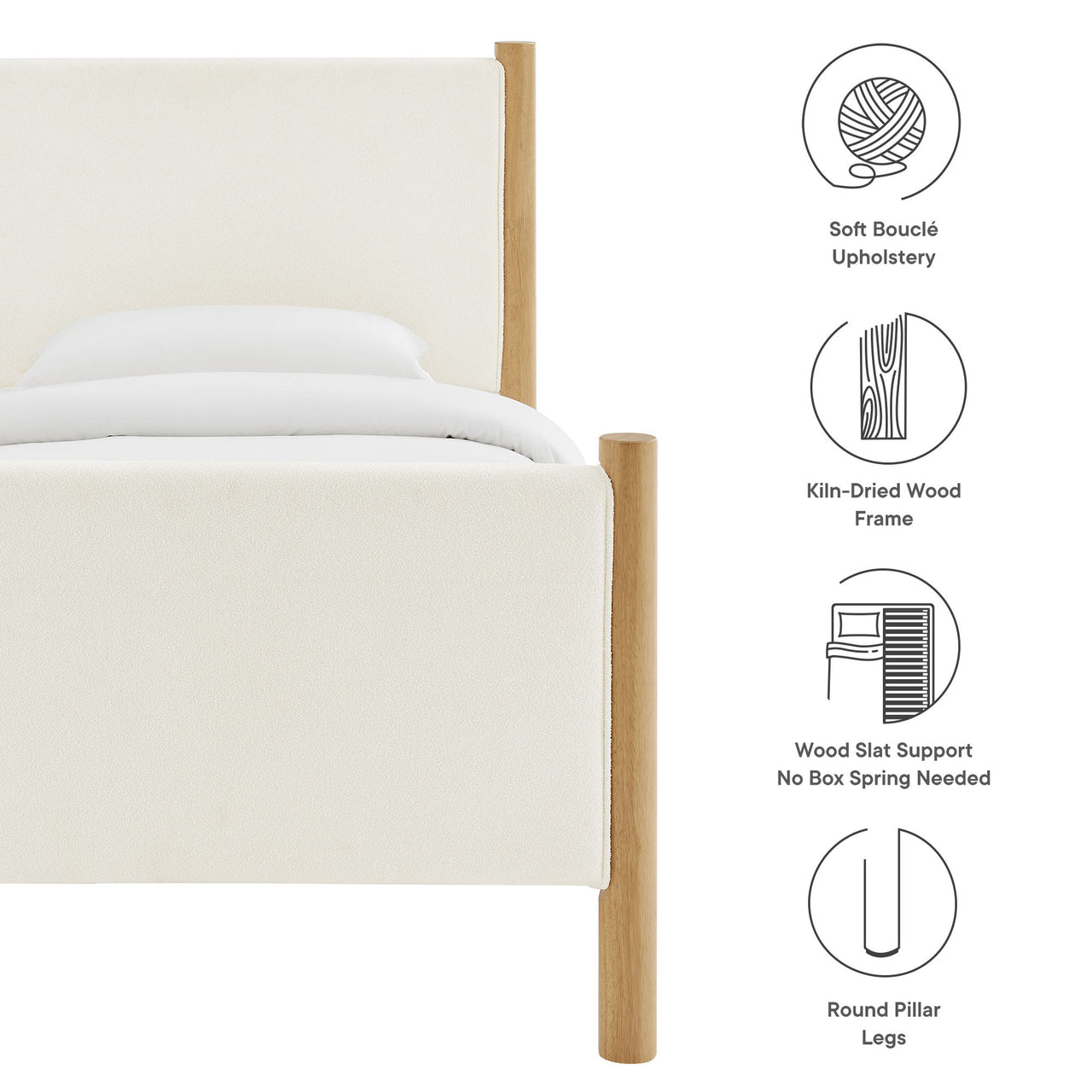 Maple Twin Upholstered Boucle Platform Bed, White & Oak