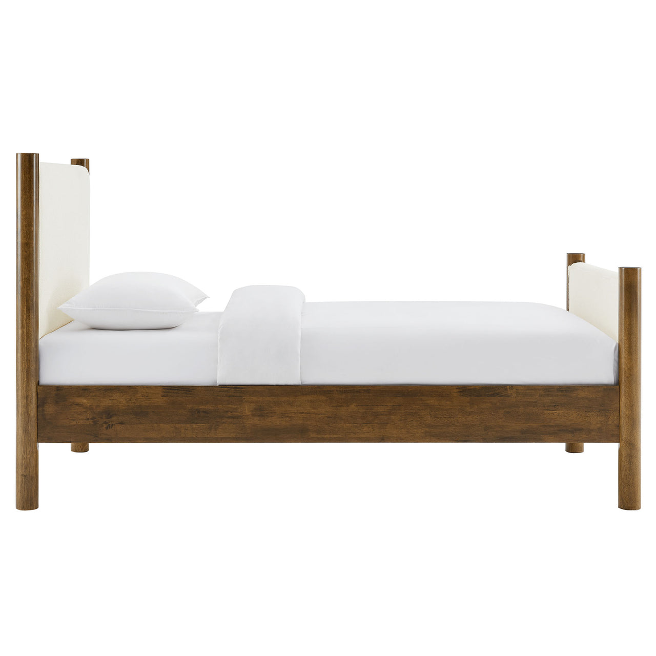 Maple Twin Upholstered Boucle Platform Bed, White & Walnut