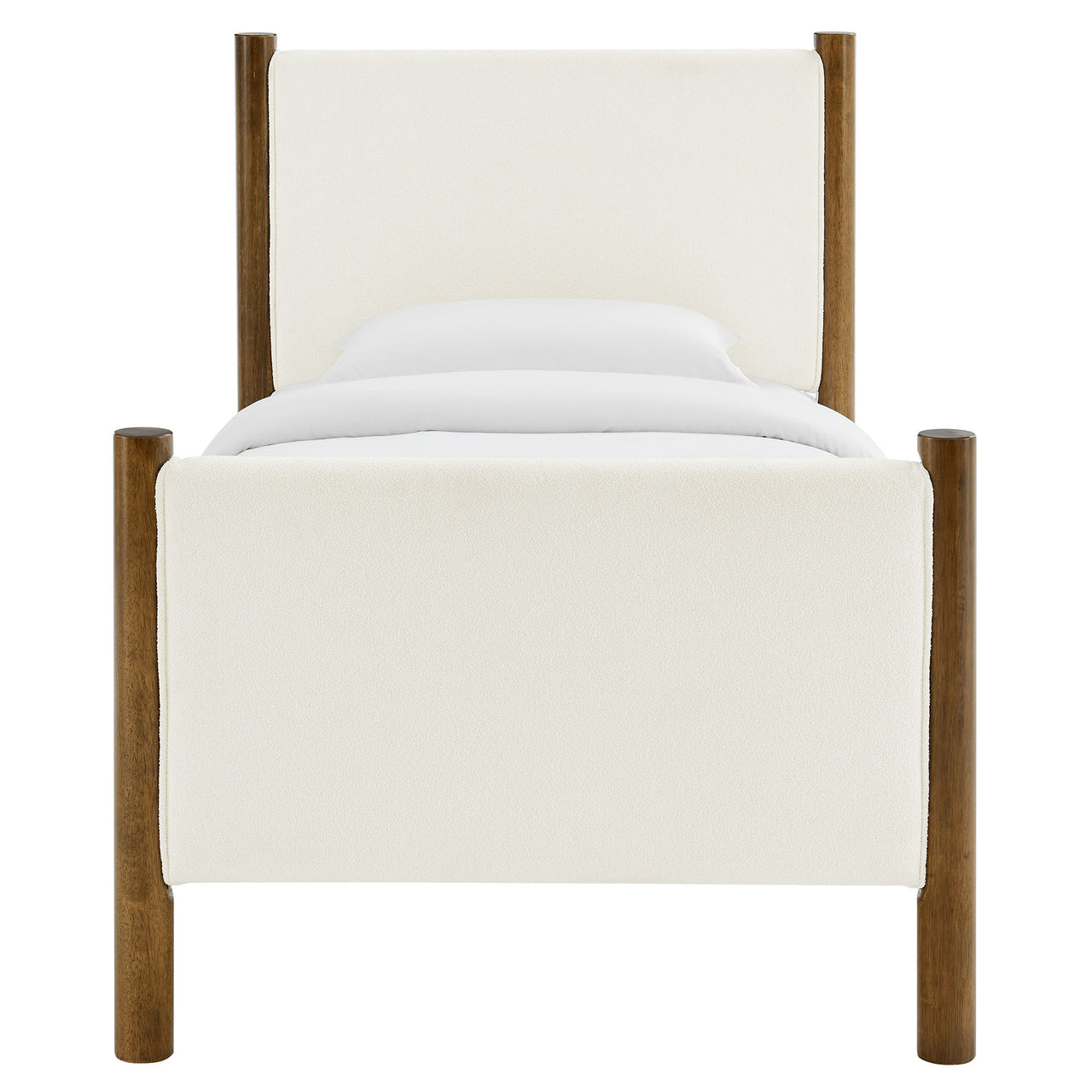 Maple Twin Upholstered Boucle Platform Bed, White & Walnut