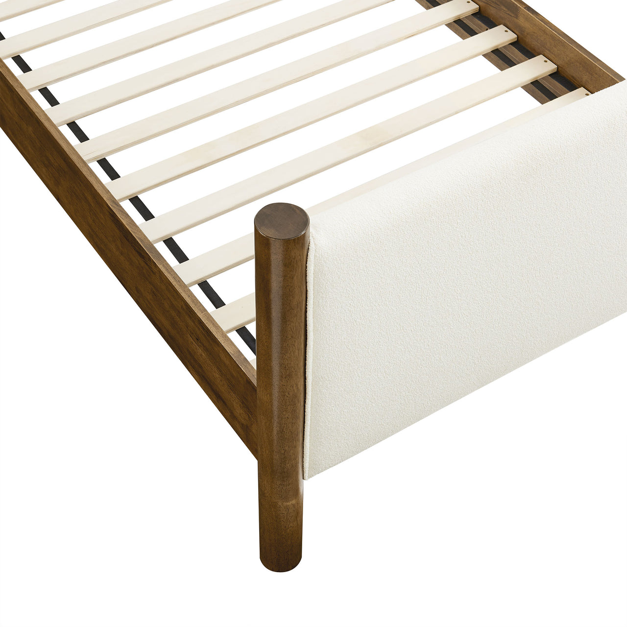 Maple Twin Upholstered Boucle Platform Bed, White & Walnut