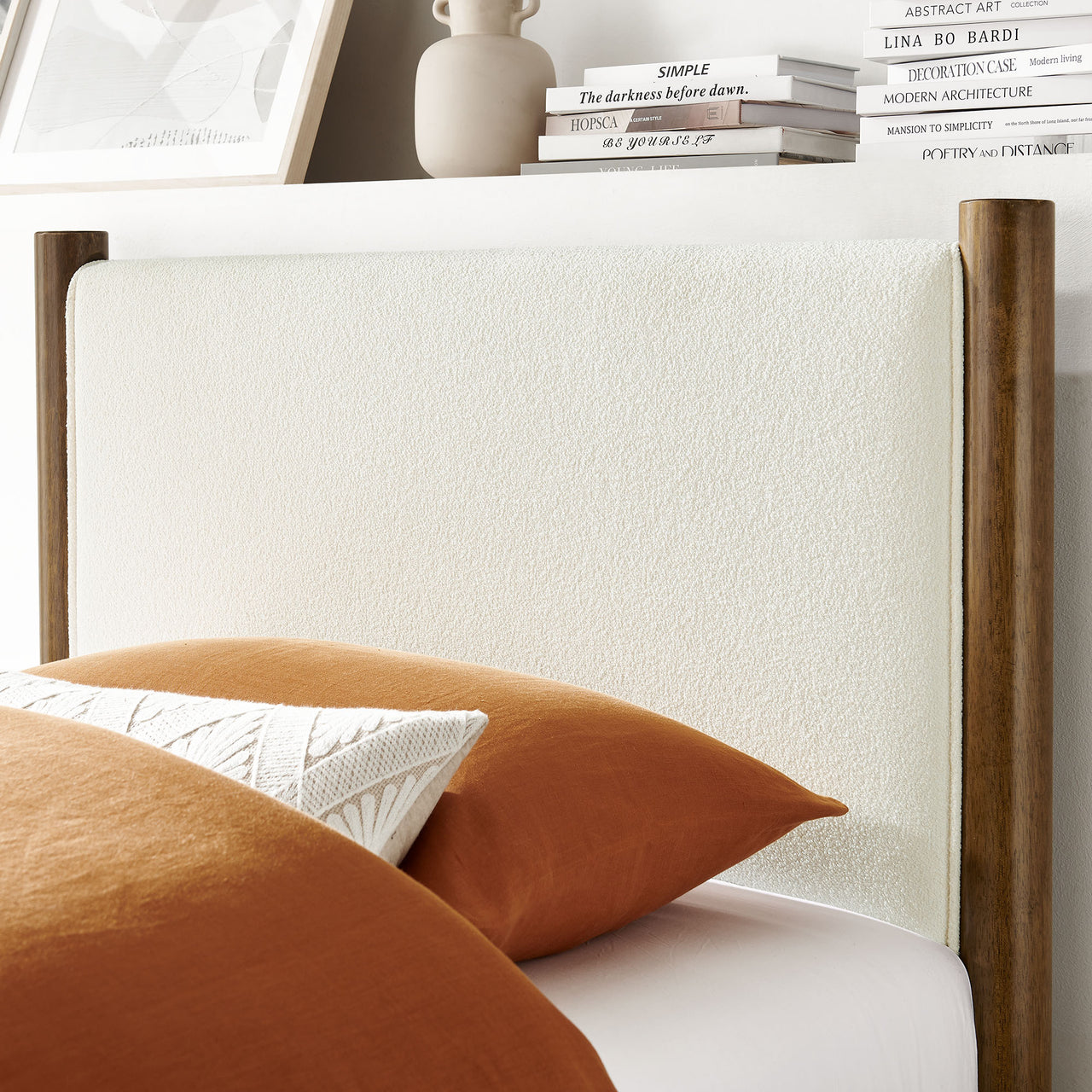 Maple Twin Upholstered Boucle Platform Bed, White & Walnut