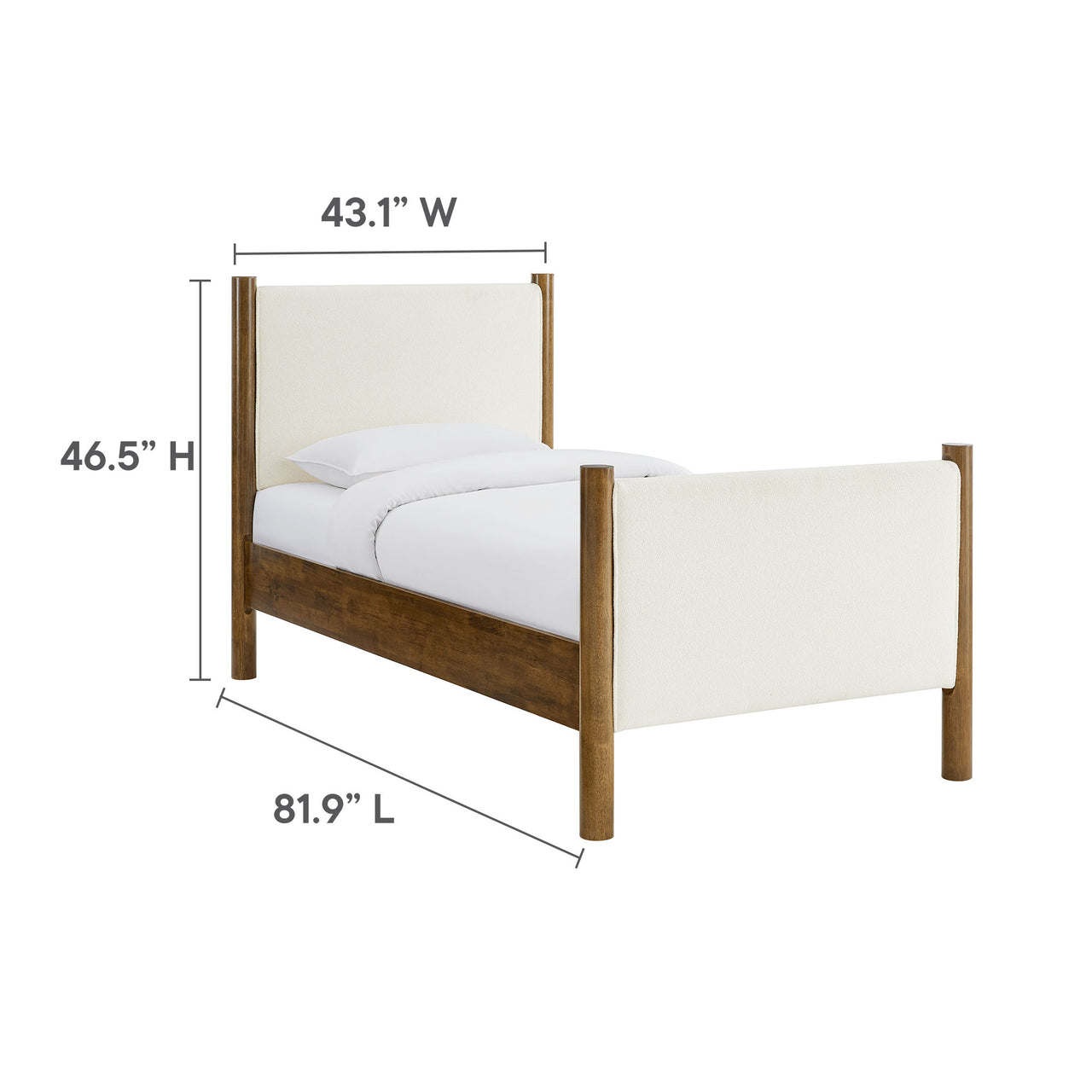 Maple Twin Upholstered Boucle Platform Bed, White & Walnut