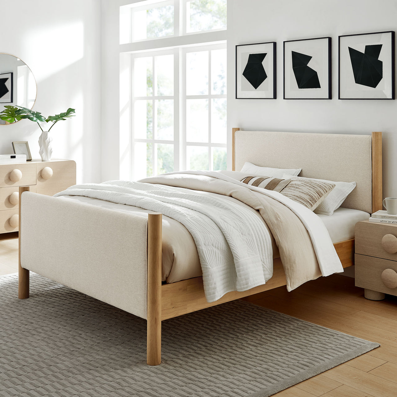 Maple Full Upholstered Fabric Platform Bed, Ivory & Oak
