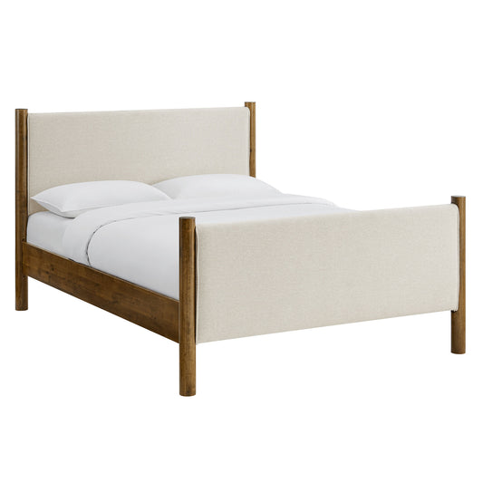 Maple Full Upholstered Fabric Platform Bed, Ivory & Walnut