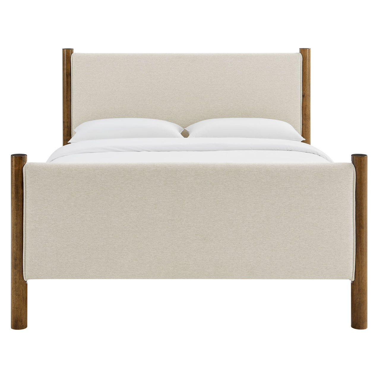 Maple Full Upholstered Fabric Platform Bed, Ivory & Walnut