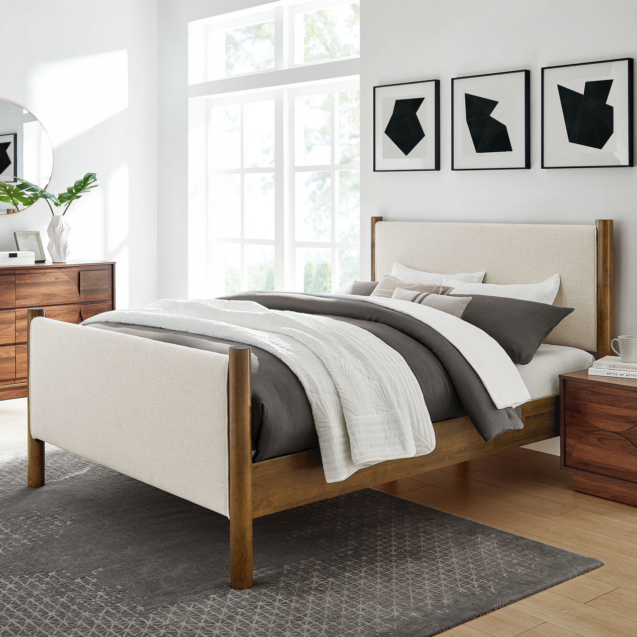 Maple Full Upholstered Fabric Platform Bed, Ivory & Walnut