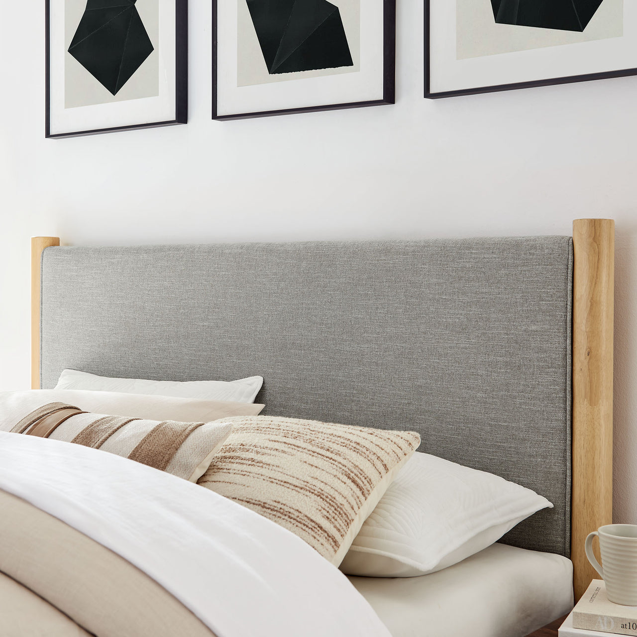 Maple Full Upholstered Fabric Platform Bed, Light Gray & Oak