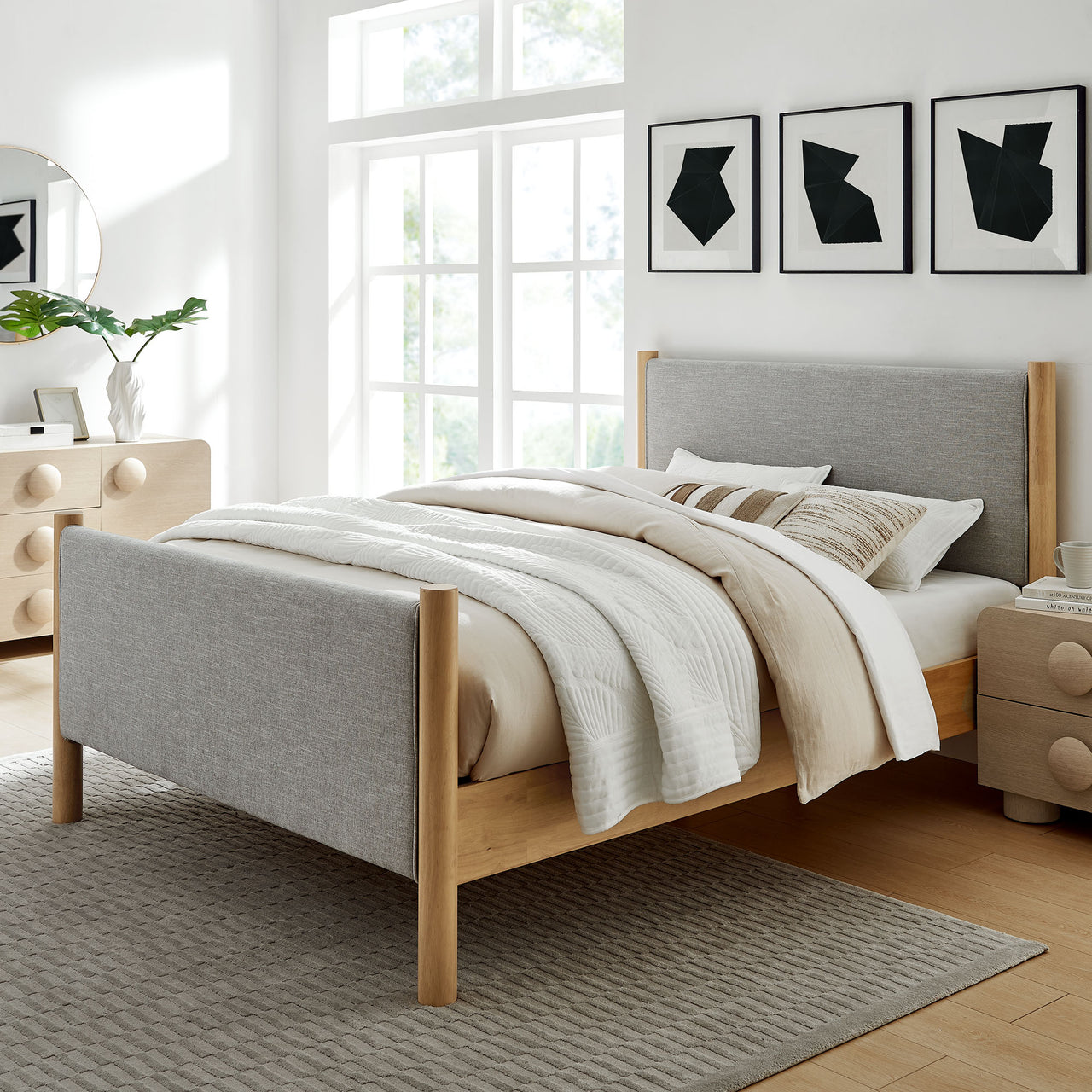 Maple Full Upholstered Fabric Platform Bed, Light Gray & Oak
