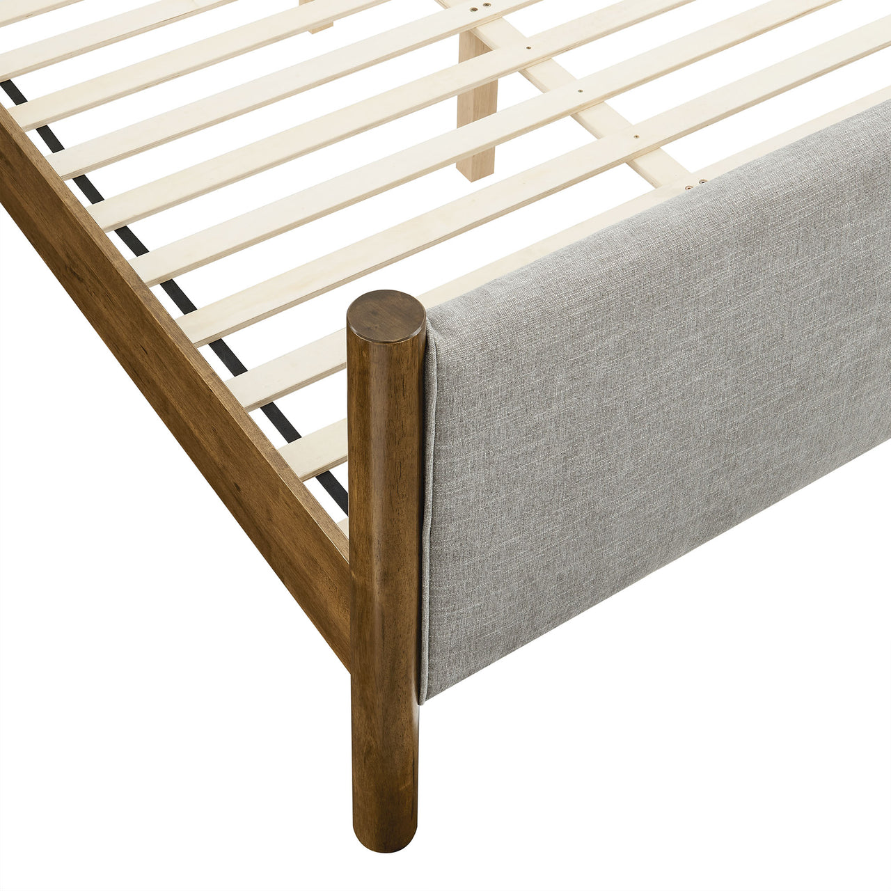 Maple Full Upholstered Fabric Platform Bed, Light Gray & Walnut