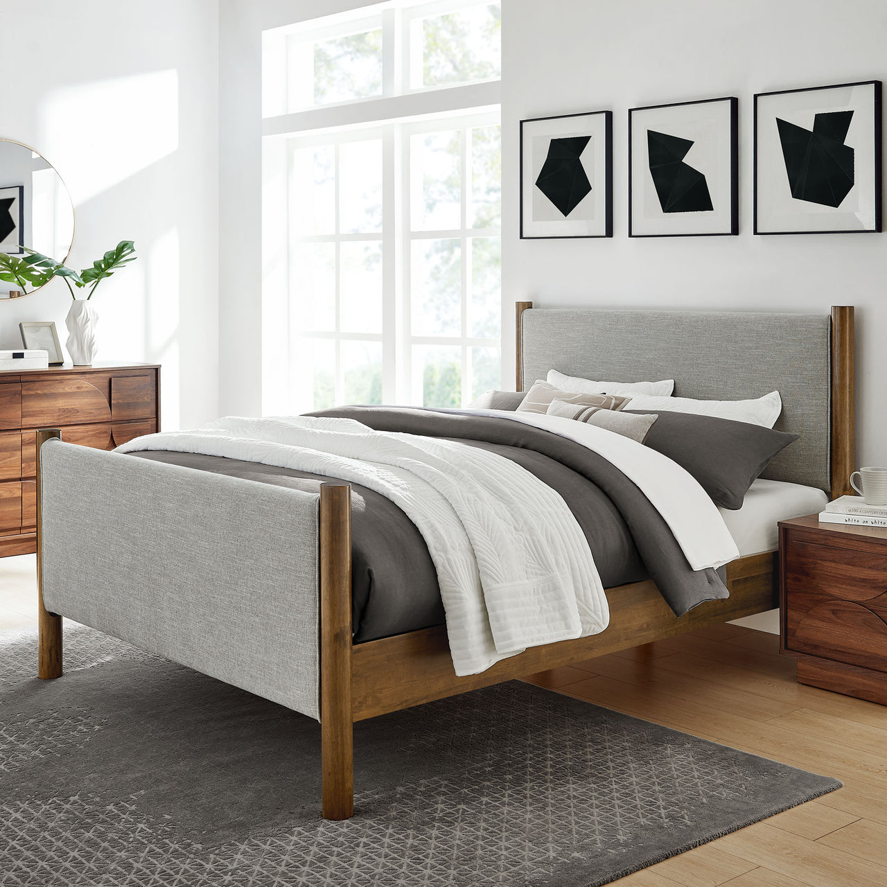 Maple Full Upholstered Fabric Platform Bed, Light Gray & Walnut