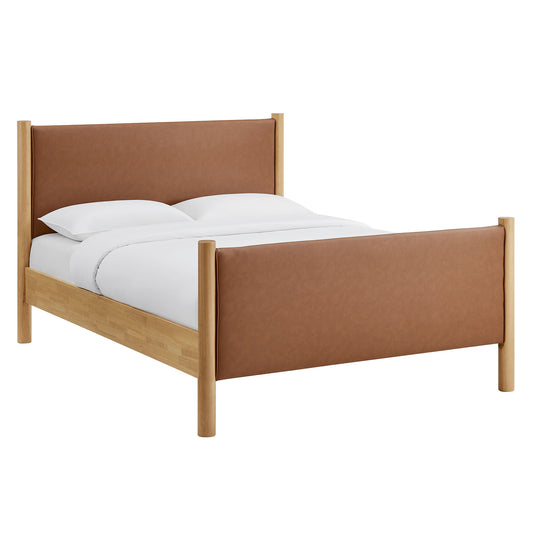 Maple Full Upholstered Eco-Leather Platform Bed, Tan & Oak