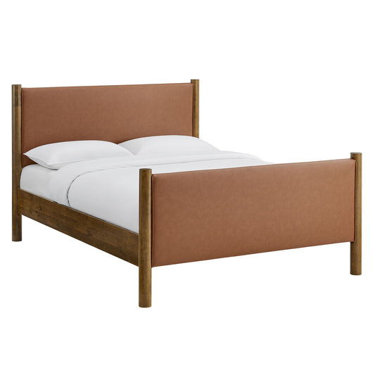 Maple Full Upholstered Eco-Leather Platform Bed, Tan & Walnut