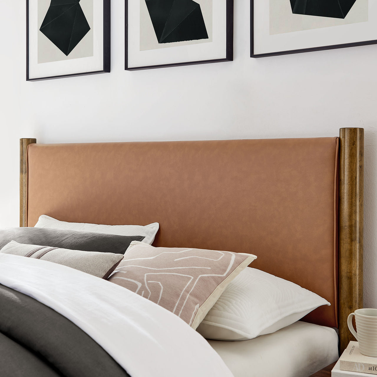 Maple Full Upholstered Eco-Leather Platform Bed, Tan & Walnut