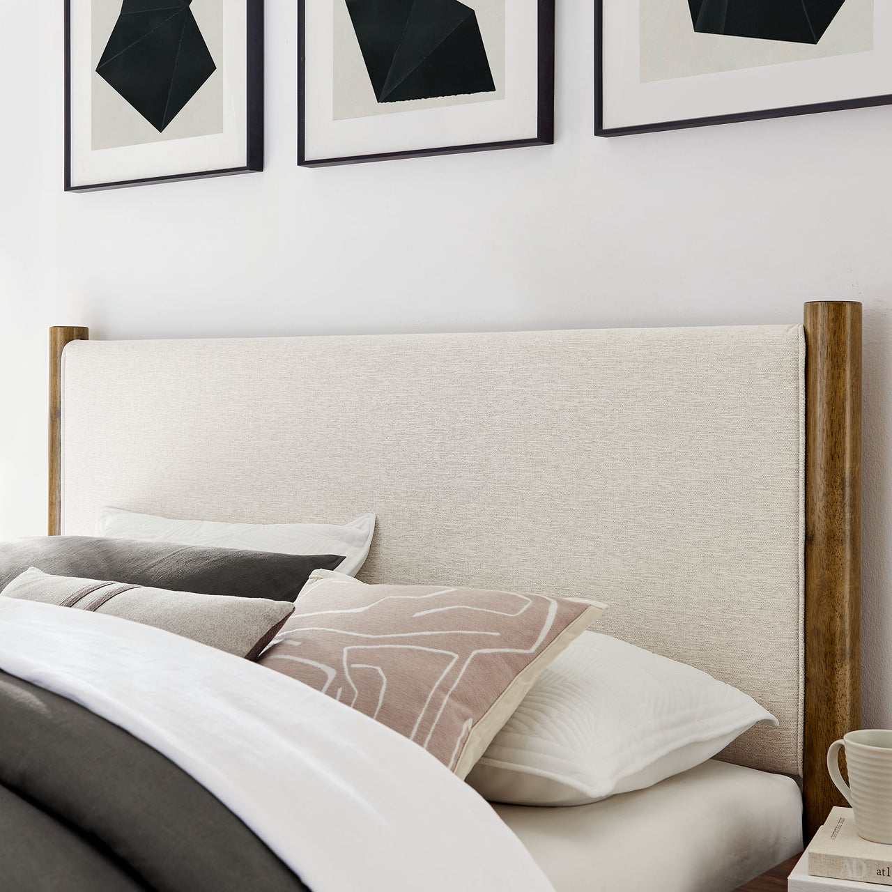 Maple Queen Upholstered Fabric Platform Bed, Ivory & Walnut