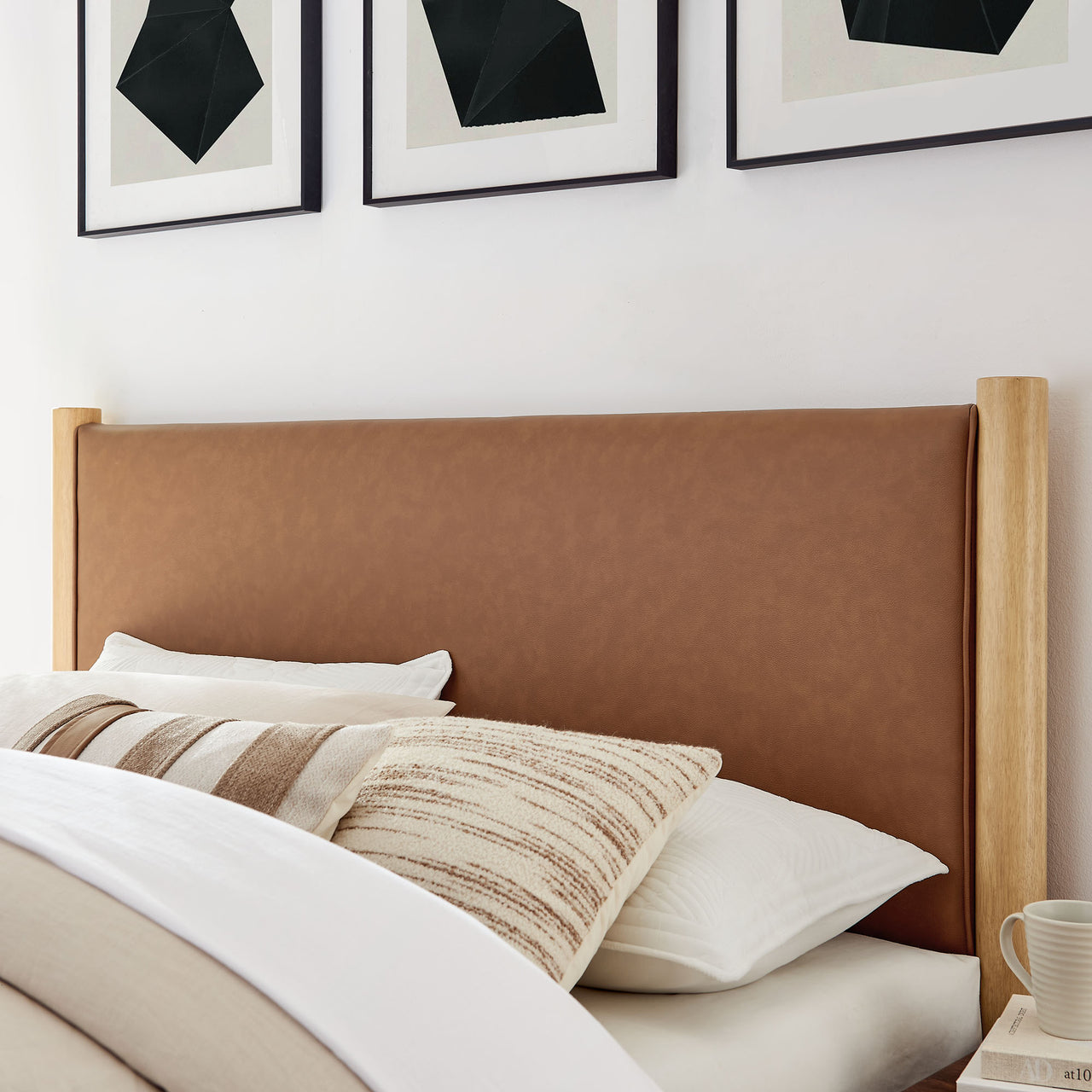 Maple Queen Upholstered Eco-Leather Platform Bed, Tan & Oak