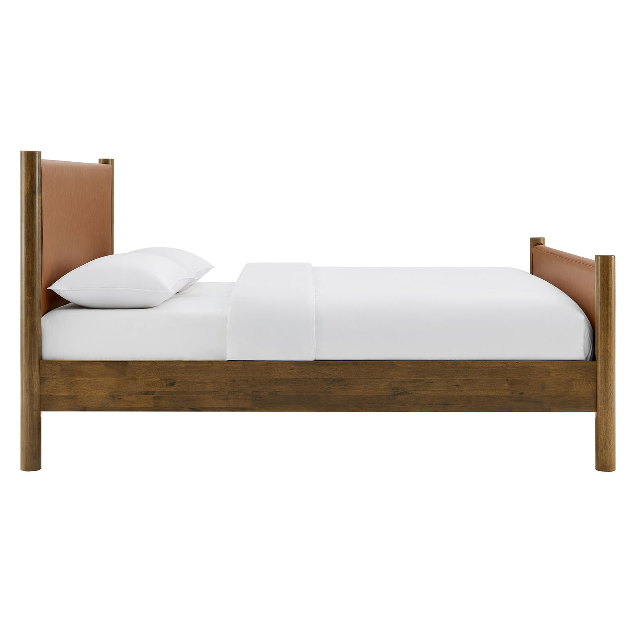 Maple Queen Upholstered Eco-Leather Platform Bed, Tan & Walnut